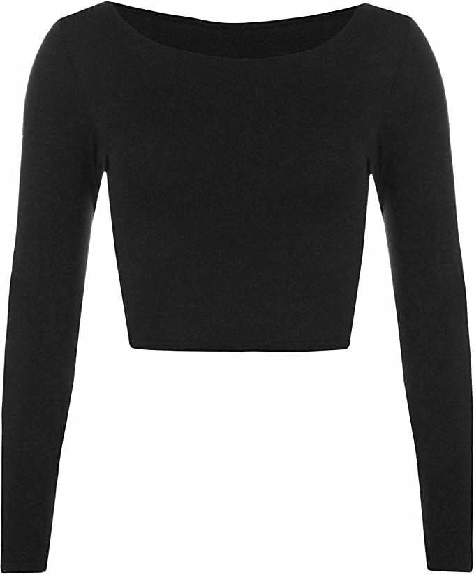 Womens Crop Long Sleeve T Shirt Ladies Short Plain Basic Round Neck Shirts Top 8-14