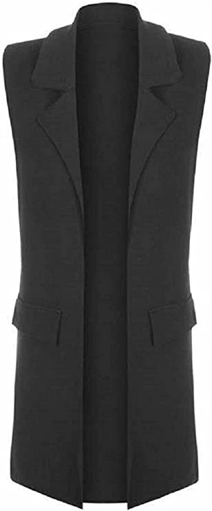 Ladies Front Open Sleeveless Long Duster Coat Waistcoat Blazer Womens Sleeveless Open Front Long Waistcoat Stylish Crepe Pocket Jacket Coat Plus Size UK Size 8-26