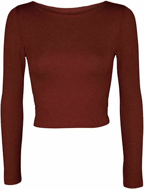 Womens Crop Long Sleeve T Shirt Ladies Short Plain Basic Round Neck Shirts Top 8-14