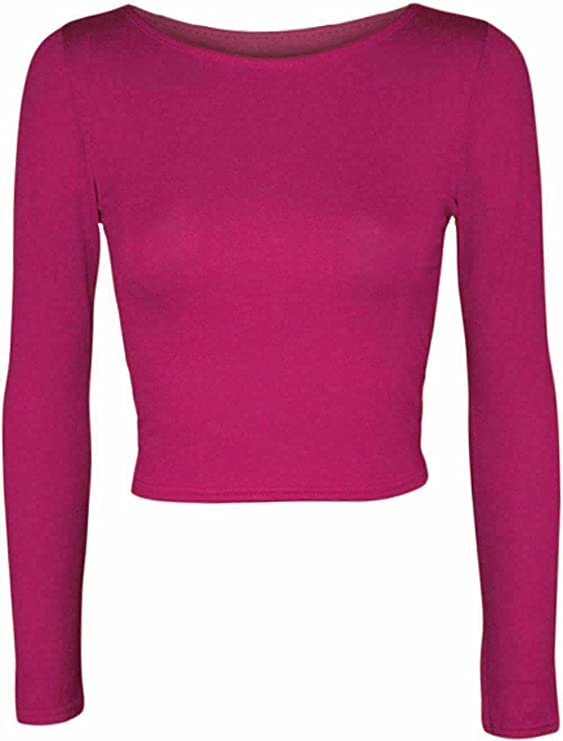 Womens Crop Long Sleeve T Shirt Ladies Short Plain Basic Round Neck Shirts Top 8-14