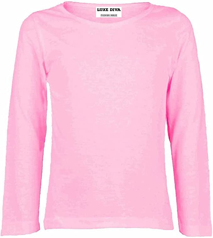 Girls Boy Kids Plain Basic Long Sleeve Round Neck T-Shirt Stretch School Tee Top 2-6 Years