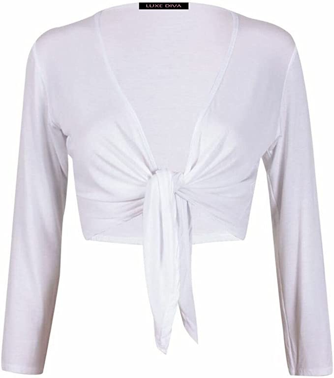 Womens New Plain Bolero Front Tie Shrug Ladies Cropped Long Sleeve Stretch Cardigan Top