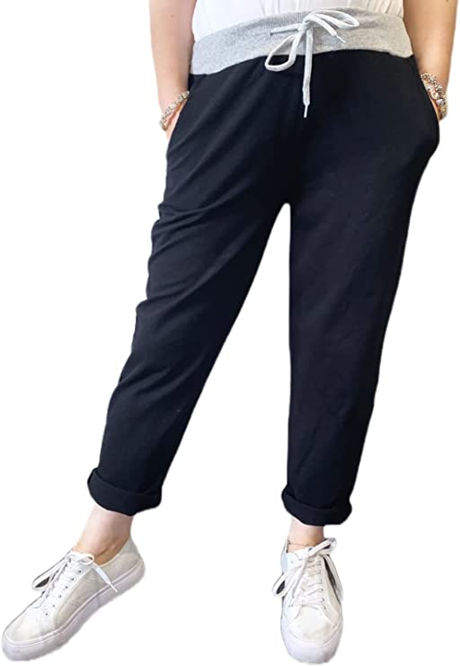 Women’s Ladies Denim Joggers Star Printed Sweatpants Floral Ribbed Waistband Trousers Ladies Casual Summer Drawstring Italian Gym Running Pants Plus Size 8-22