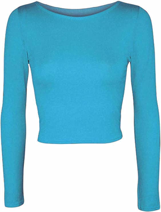 Womens Crop Long Sleeve T Shirt Ladies Short Plain Basic Round Neck Shirts Top 8-14