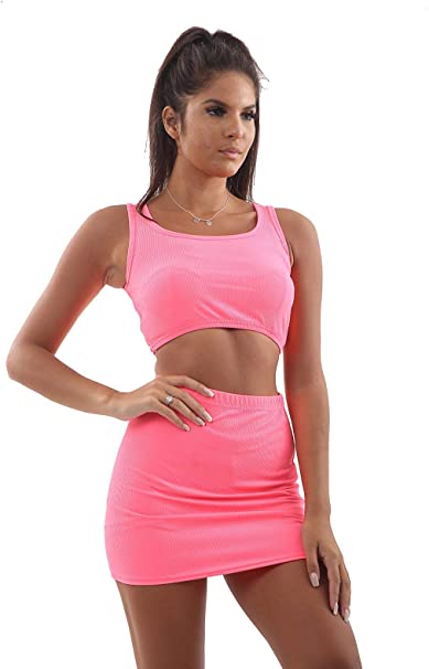 Womens Ladies New Ribbed Sleeveless Crop Top Bodycon Mini Skirt Summer 2 Pcs Co-Ord Suit