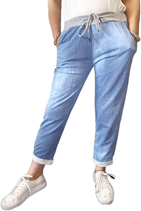 Women’s Ladies Denim Joggers Star Printed Sweatpants Floral Ribbed Waistband Trousers Ladies Casual Summer Drawstring Italian Gym Running Pants Plus Size 8-22