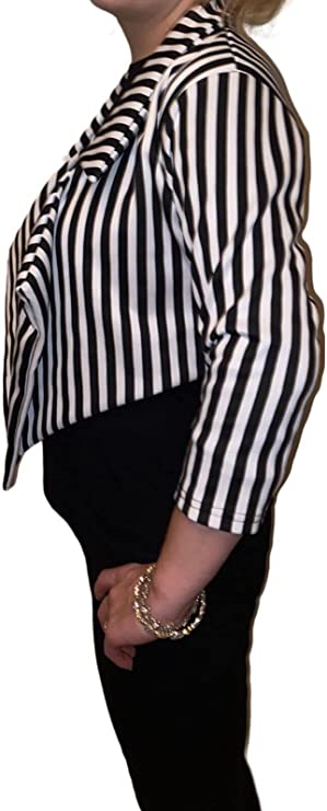 Women ¾ Sleeves Stripes Print Open Front Waterfall Crop Blazer Jacket Womens Black White Stripe Print Open Front Waterfall Crop Blazer Jacket Coat