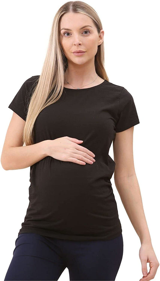 Ladies Maternity Plain Top Pregnancy T-Shirt Side Ruched Crew Neck Short Sleeve Tees for Pregnant Women