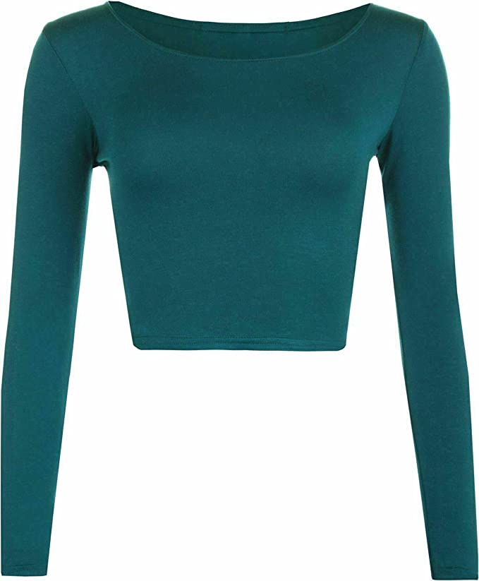 Womens Crop Long Sleeve T Shirt Ladies Short Plain Basic Round Neck Shirts Top 8-14