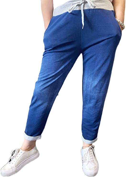 Women’s Ladies Denim Joggers Star Printed Sweatpants Floral Ribbed Waistband Trousers Ladies Casual Summer Drawstring Italian Gym Running Pants Plus Size 8-22