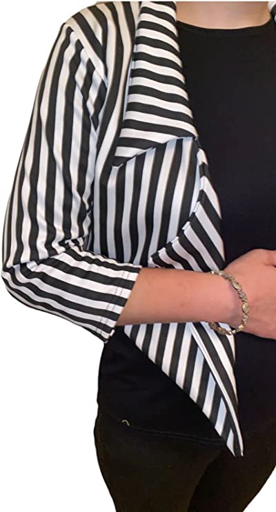 Women ¾ Sleeves Stripes Print Open Front Waterfall Crop Blazer Jacket Womens Black White Stripe Print Open Front Waterfall Crop Blazer Jacket Coat