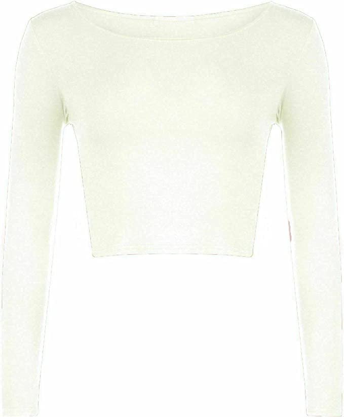 Womens Crop Long Sleeve T Shirt Ladies Short Plain Basic Round Neck Shirts Top 8-14