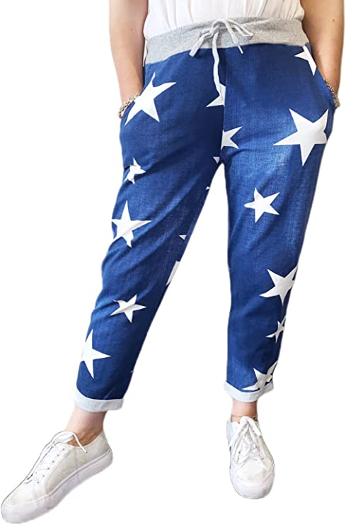 Women’s Ladies Denim Joggers Star Printed Sweatpants Floral Ribbed Waistband Trousers Ladies Casual Summer Drawstring Italian Gym Running Pants Plus Size 8-22