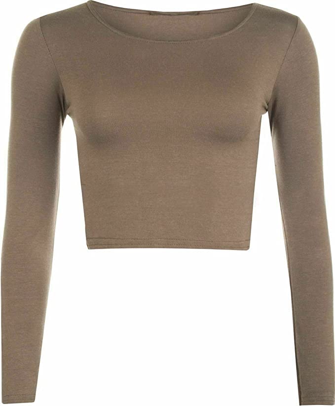 Womens Crop Long Sleeve T Shirt Ladies Short Plain Basic Round Neck Shirts Top 8-14