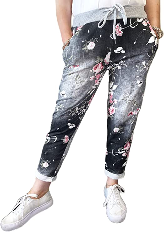 Women’s Ladies Denim Joggers Star Printed Sweatpants Floral Ribbed Waistband Trousers Ladies Casual Summer Drawstring Italian Gym Running Pants Plus Size 8-22