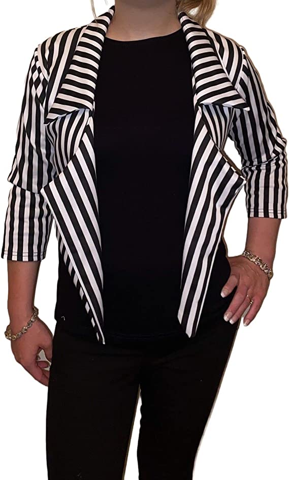 Women ¾ Sleeves Stripes Print Open Front Waterfall Crop Blazer Jacket Womens Black White Stripe Print Open Front Waterfall Crop Blazer Jacket Coat