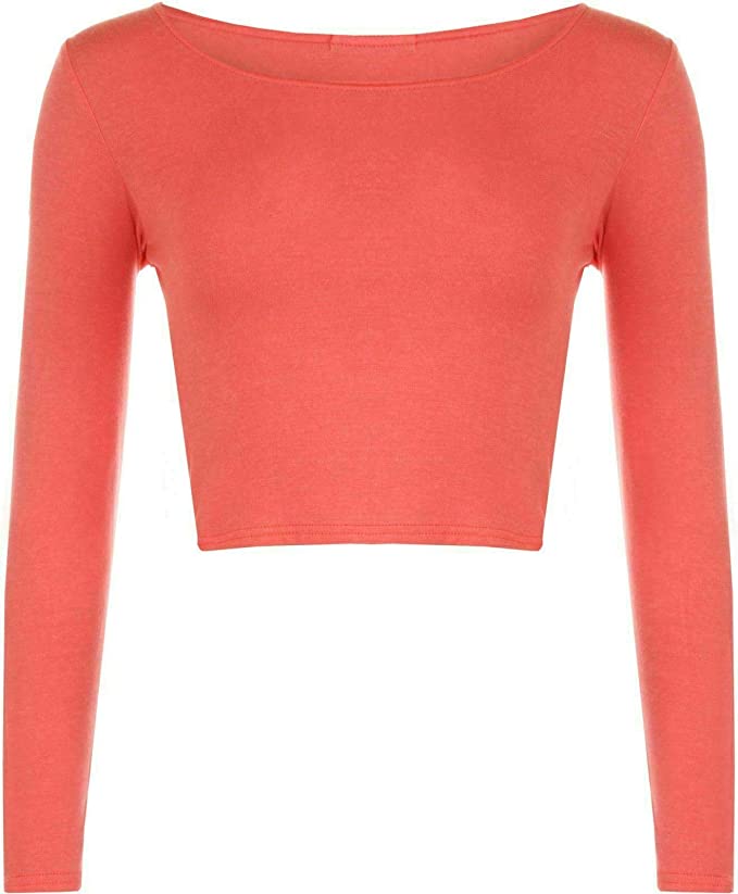 Womens Crop Long Sleeve T Shirt Ladies Short Plain Basic Round Neck Shirts Top 8-14