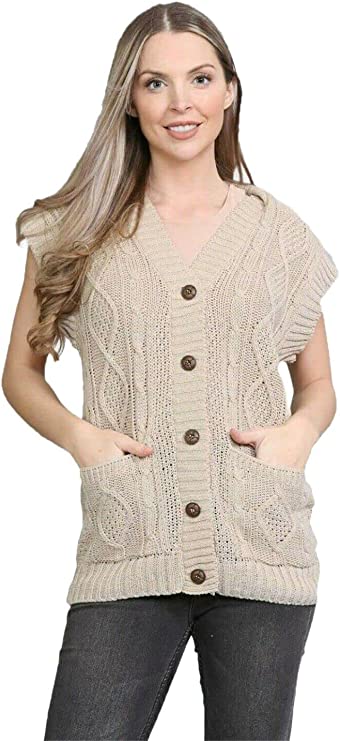 Womens Sleeveless Cable Knitted Grandad Cardigan Ladies 5 Button Casual Winter Sweater Waistcoat Top