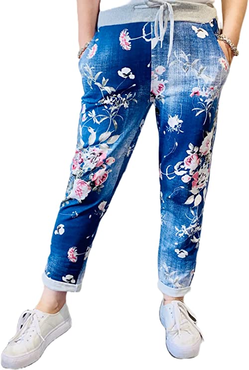 Women’s Ladies Denim Joggers Star Printed Sweatpants Floral Ribbed Waistband Trousers Ladies Casual Summer Drawstring Italian Gym Running Pants Plus Size 8-22