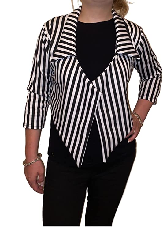 Women ¾ Sleeves Stripes Print Open Front Waterfall Crop Blazer Jacket Womens Black White Stripe Print Open Front Waterfall Crop Blazer Jacket Coat