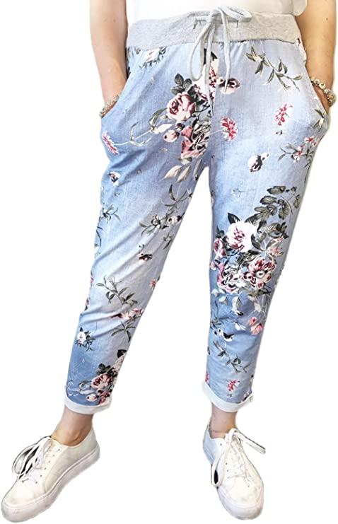 Women’s Ladies Denim Joggers Star Printed Sweatpants Floral Ribbed Waistband Trousers Ladies Casual Summer Drawstring Italian Gym Running Pants Plus Size 8-22