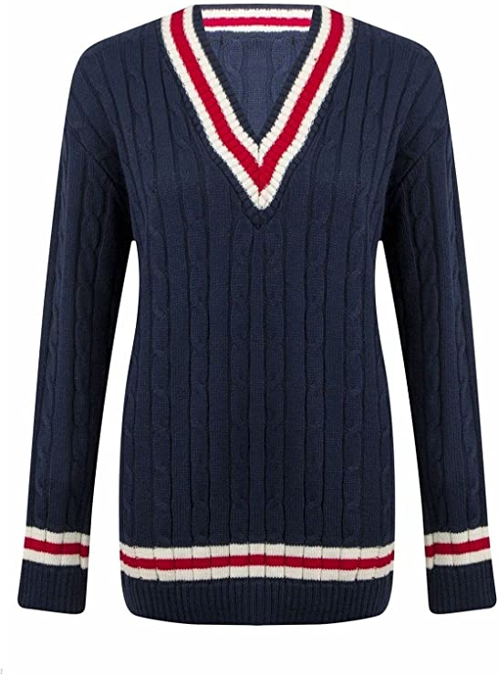 Womens New Long Sleeves Ladies Cable Knitted V Neck Stretch Cricket Sweater Jumper