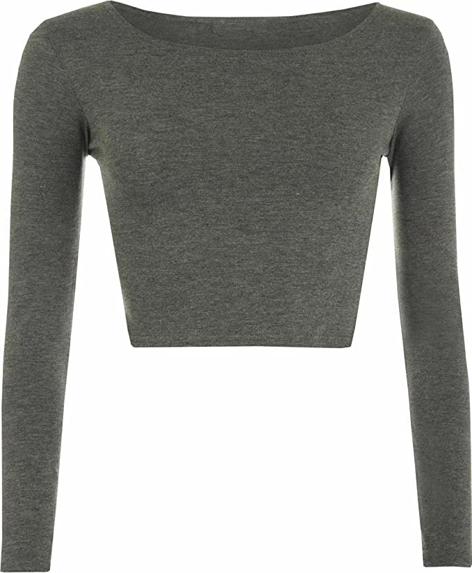 Womens Crop Long Sleeve T Shirt Ladies Short Plain Basic Round Neck Shirts Top 8-14