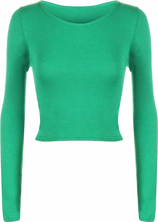 Womens Crop Long Sleeve T Shirt Ladies Short Plain Basic Round Neck Shirts Top 8-14