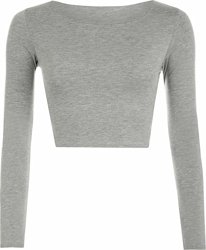 Womens Crop Long Sleeve T Shirt Ladies Short Plain Basic Round Neck Shirts Top 8-14