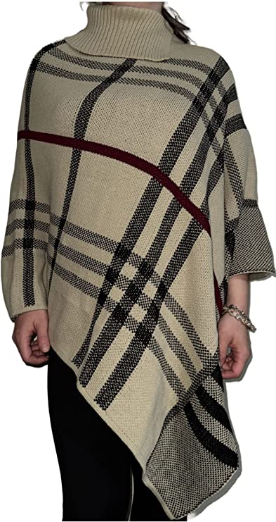 Womens Check Printed Ladies Stretch Knitted Collared Cape Wrap Shawl Jumper Poncho Top